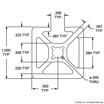 1001-S - 1” X 1” Smooth Surface T-Slotted Profile - Single Open T-Slot - 0