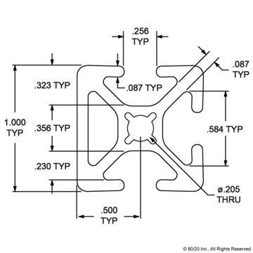 1003-S - 1.00” X 1.00” Smooth Surface T-Slotted Profile - Three Adjacent Open T-Slots - 0
