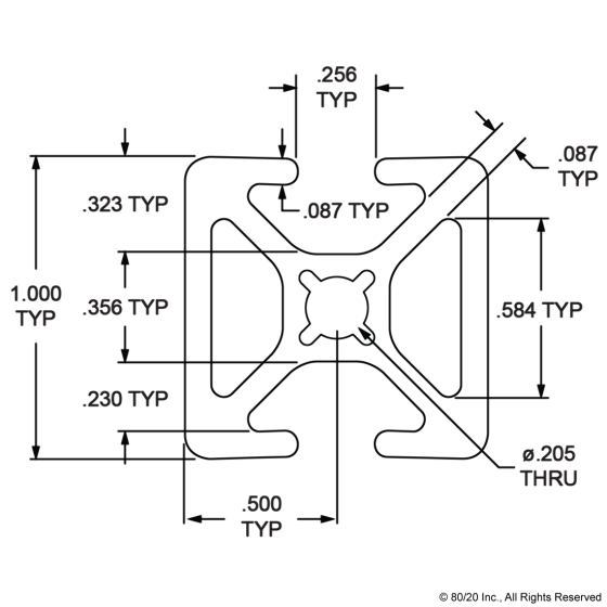 1004-S - 1.00” X 1.00” Smooth Surface T-Slotted Profile - Two Opposite Open T-Slots