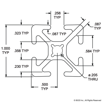 1010-S - 1.00" x 1.00" Smooth Surface T-Slotted Profile - Four Open T-Slots - 0
