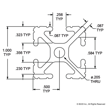 1010-BLACK - 1.00” X 1.00” T-Slotted Profile - Four Open T-Slots - 0