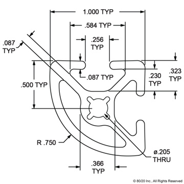 1012-S - 1.00” X 1.00” Smooth Surface Quarter Round T-Slotted Profile - Two Open T-Slots - 0