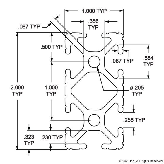 1020 - 1.00” X 2.00” T-Slotted Profile - Six Open T-Slots