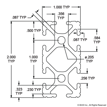 1020 - Black 1.00” X 2.00” T-Slotted Profile - Six Open T-Slots - 0