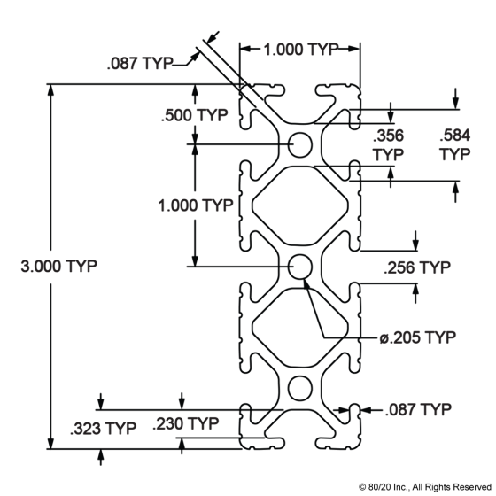 1030 - 1.00” X 3.00” T-Slotted Profile - Eight Open T-Slots