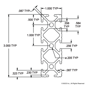 1030 - 1.00” X 3.00” T-Slotted Profile - Eight Open T-Slots - 0