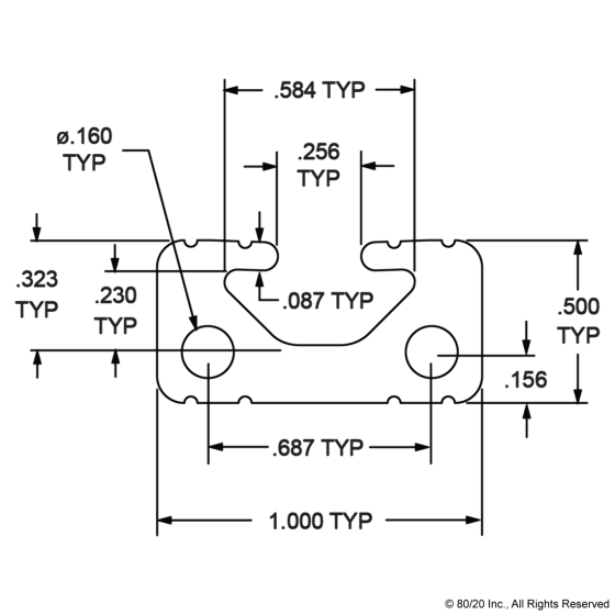 1050 - ﻿1.00” X 0.50” T-Slotted Profile - Single Open T-Slot