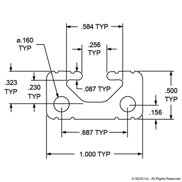 1050 - ﻿1.00” X 0.50” T-Slotted Profile - Single Open T-Slot - 0