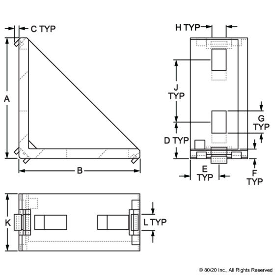 14057 - 20 Series 4 Hole - Inside Corner Bracket with Single Support