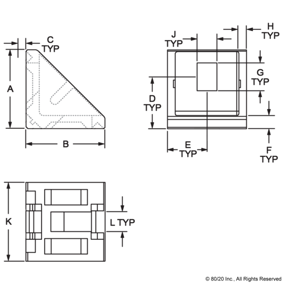 14059 - 10, 20, & 25 Series 2 Hole - 18mm Slotted Inside Corner Bracket with Dual Support