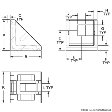 14059 - 10, 20, & 25 Series 2 Hole - 18mm Slotted Inside Corner Bracket with Dual Support - 0