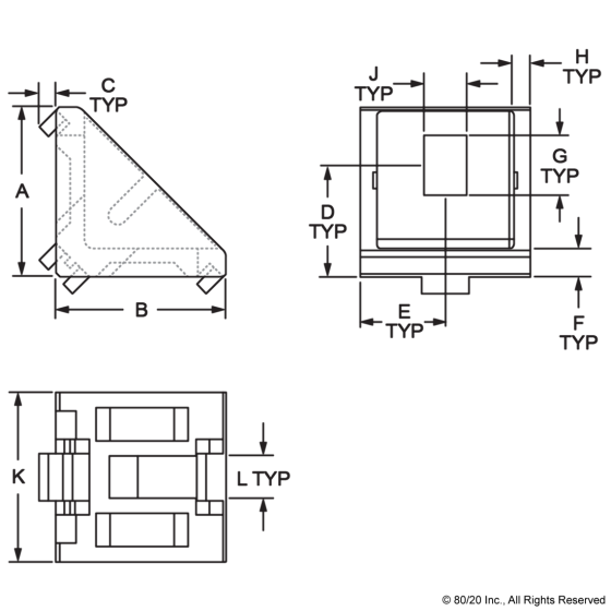 14060 - 20 Series 2 Hole - 18mm Slotted Inside Corner Bracket with Dual Support