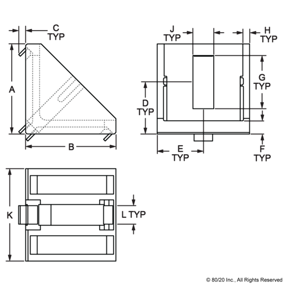 14079 - 40 Series 2 Hole- 39mm Slotted Inside Corner Bracket with Dual Support
