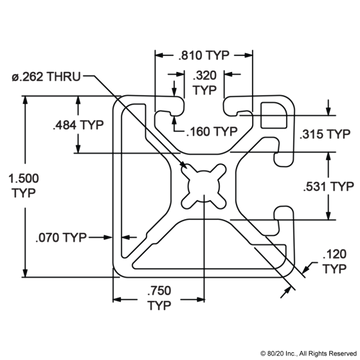 1502-LS - 1.5” X 1.5" Lite Smooth Surface T-Slotted Profile - Two Adjacent Open T-Slots - 0