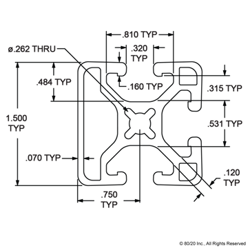 1503-LS - 1.5” X 1.5” Lite Smooth Surface T-Slotted Profile - Three Adjacent Open T-Slots - 0