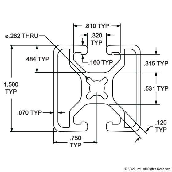 1504-LS - 1.50” X 1.50” Lite Smooth Surface T-Slotted Profile - Two Opposite Open T-Slots