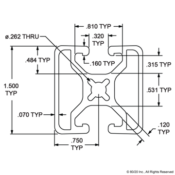 1504-LS - 1.50” X 1.50” Lite Smooth Surface T-Slotted Profile - Two Opposite Open T-Slots - 0