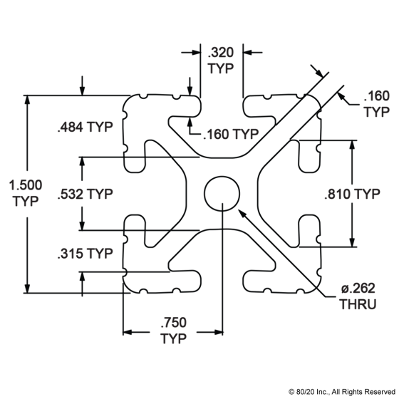 1515-LITE-BLACK - 1.5” X 1.5” Lite T-Slotted Profile - Four Open T-Slots