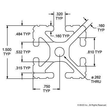 1515-LITE-BLACK - 1.5” X 1.5” Lite T-Slotted Profile - Four Open T-Slots - 0