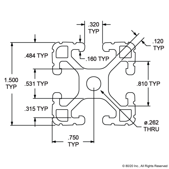 1515-LITE - 1.50” X 1.50” Lite T-Slotted Profile - Four Open T-Slots