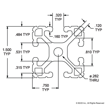 1515-LITE - 1.50” X 1.50” Lite T-Slotted Profile - Four Open T-Slots - 0