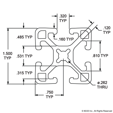 1515-LS - 1.5” X 1.5” Lite Smooth Surface T-Slotted Profile - Four Open T-Slots - 0