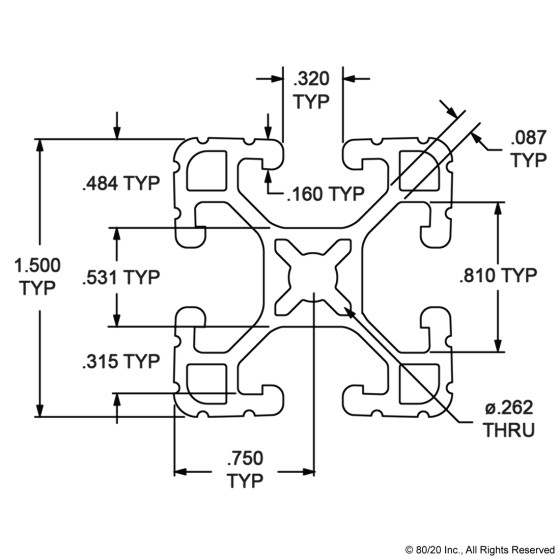 1515-UL - 1.50” X 1.50” Ultra-Lite T-Slotted Profile