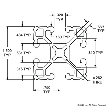 1515-UL - 1.50” X 1.50” Ultra-Lite T-Slotted Profile - 0