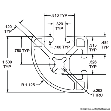 1517-LS - 1.50” X 1.50” Lite Smooth Surface Quarter Round T-Slotted Profile - Two Open T-Slots - 0