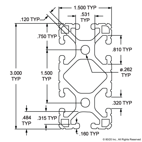 1530-Lite - 1.5” X 3” Lite T-Slotted Extrusion -  Six Open T-Slots