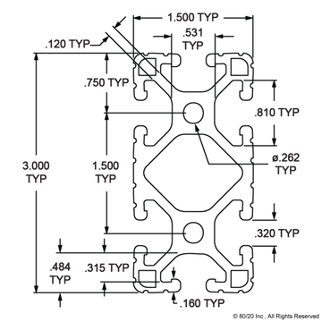 1530-Lite - 1.5” X 3” Lite T-Slotted Extrusion -  Six Open T-Slots - 0
