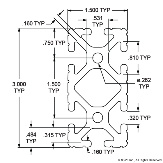 1530 - 1.5” X 3” T-Slotted Extrusion - Six Open T-Slots