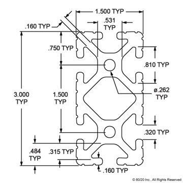 1530 - 1.5” X 3” T-Slotted Extrusion - Six Open T-Slots - 0