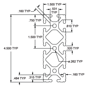 1545 - ﻿1.5” X 4.5” T-Slotted Extrusion - 0