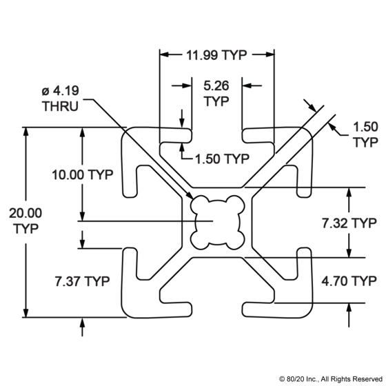 20-2020 - 20mm X 20mm T-Slotted Profile - Four Open T-Slots