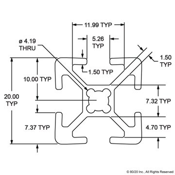 20-2020 - 20mm X 20mm T-Slotted Profile - Four Open T-Slots - 0