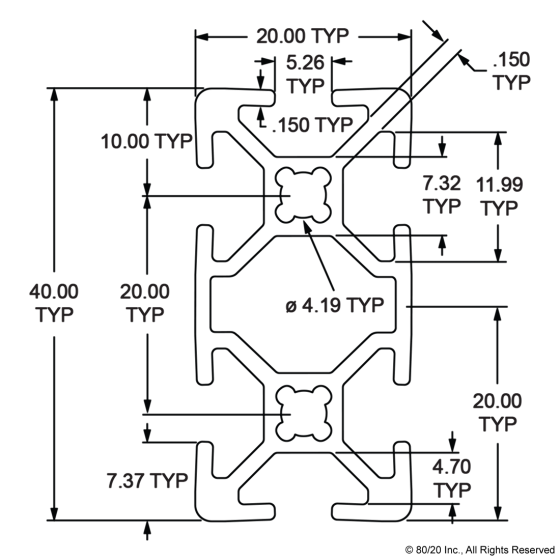 20-2040 - 20mm X 40mm T-Slotted Profile - Six Open T-Slots