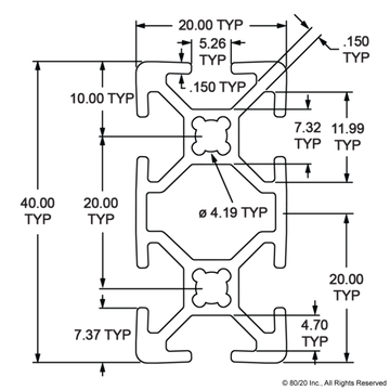 20-2040 - 20mm X 40mm T-Slotted Profile - Six Open T-Slots - 0