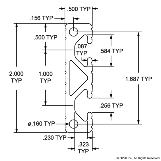 2012 - 2.00” X .50” T-Slotted Profile - Two Adjacent Open T-Slots