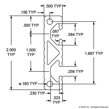 2012 - 2.00” X .50” T-Slotted Profile - Two Adjacent Open T-Slots - 0