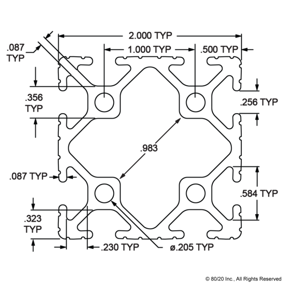 2020 - 2.00” X 2.00” T-Slotted Profile - Eight Open T-Slots