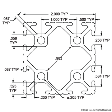 2020 - 2.00” X 2.00” T-Slotted Profile - Eight Open T-Slots - 0