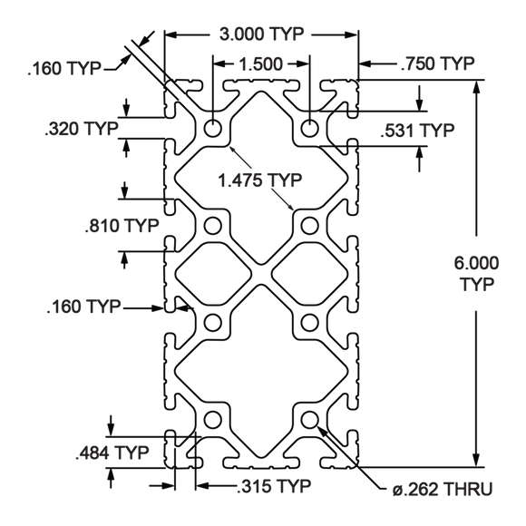 3060-120 -  3" X 6" T-SLOTTED EXTRUSION 120" BAR