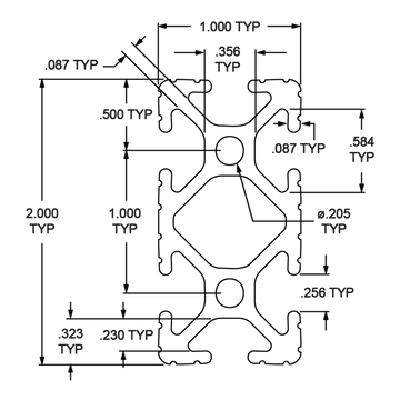 1020-242 -  1" X 2" T-SLOTTED EXTRUSION 242" BAR