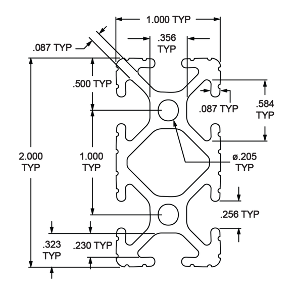 1020-242 -  1" X 2" T-SLOTTED EXTRUSION 242" BAR