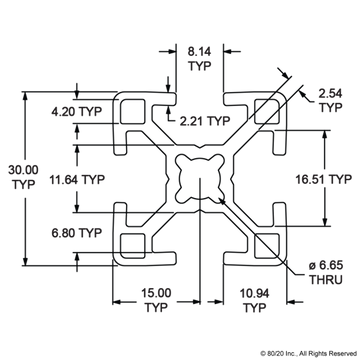30-3030 - 30mm X 30mm T-Slotted Profile - Four Open T-Slots - 0