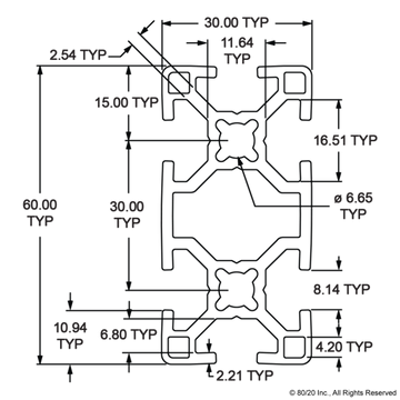 30-3060 - 30mm X 60mm T-Slotted Profile - Six Open T-Slots - 0