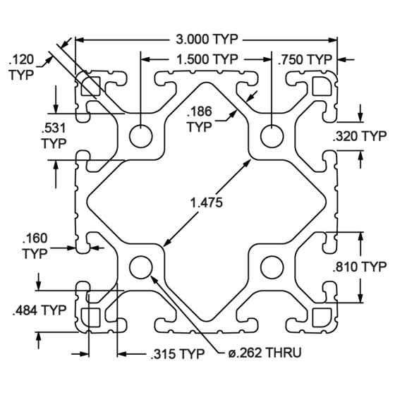 3030-Lite -3.00" X 3.00" Lite T-Slotted Profile - Eight Open T-Slots