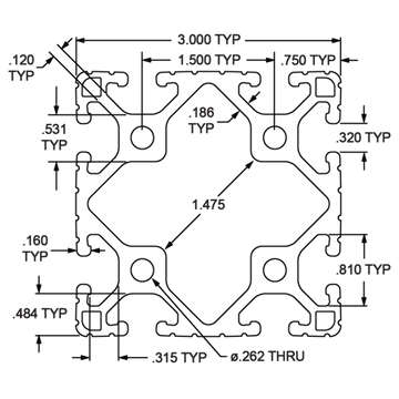 3030-Lite -3.00" X 3.00" Lite T-Slotted Profile - Eight Open T-Slots - 0
