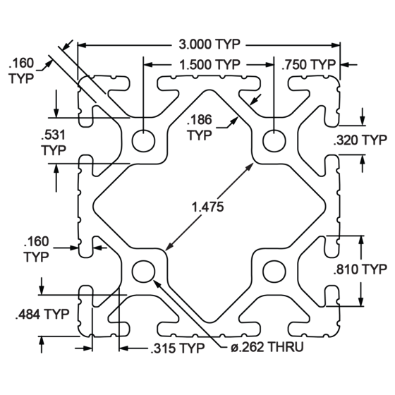 3030 - ﻿3.00" X 3.00" T-Slotted Profile - Eight Open T-Slots